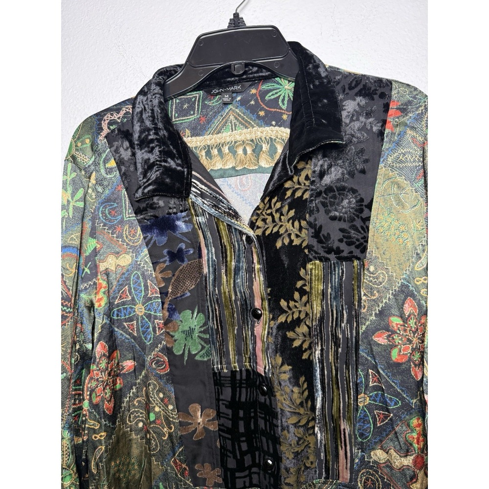 John Mark Womens Med Black Velvet Burnout Floral Colorblock Tunic Top Tab Sleeve - Picture 4 of 10